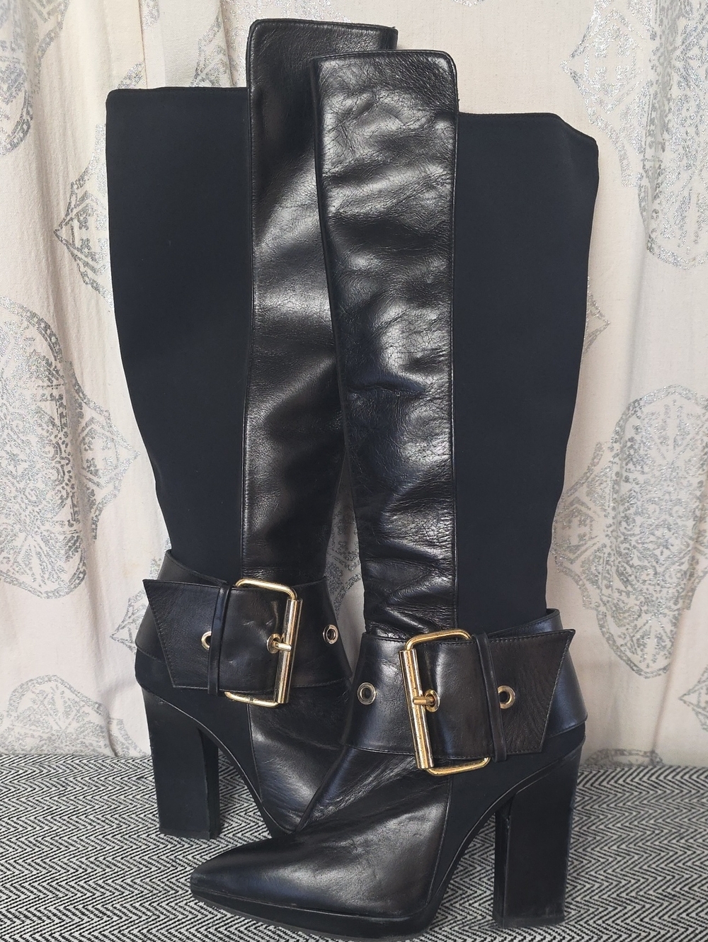 Black Knee-High Buckle Block Heel Boots